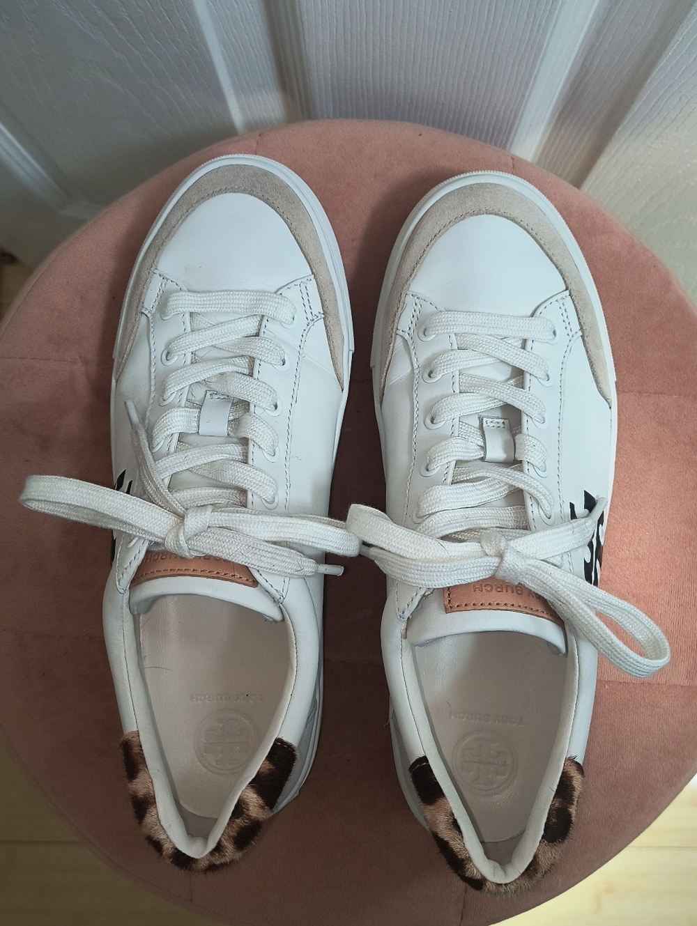 Tory Burch Andrea White Leather Sneaker Leopard Cheetah Print Size 8 - Picture 5 of 8